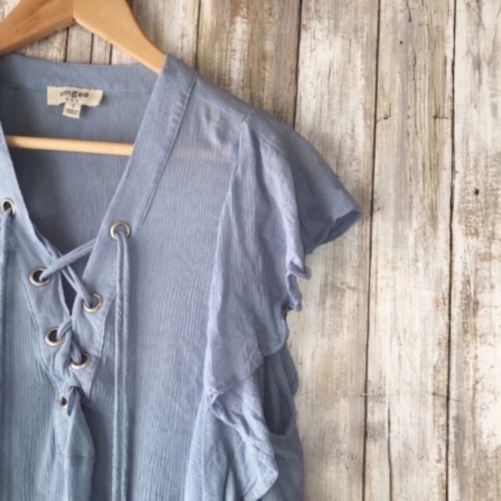 Umgee Blue Tie Front Blouse - Picture 2 of 4